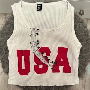 SHEIN White and Red Ribbed Crop Tank Top